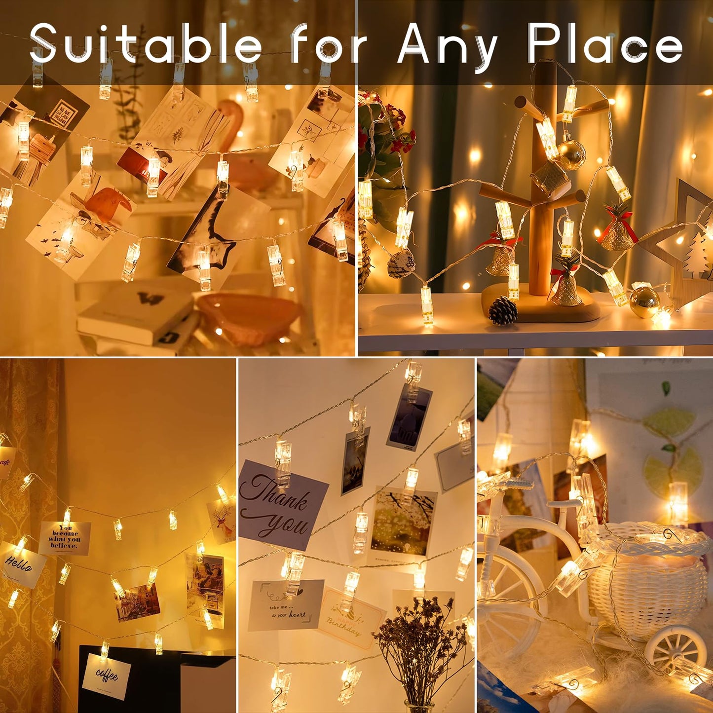 Photo Clip String Lights 17 FT: 50 LED Fairy Lights with Clips for Bedroom, Wall, Patio, Halloween, Thanksgiving, Wedding & More – Battery Operated with Dual Modes