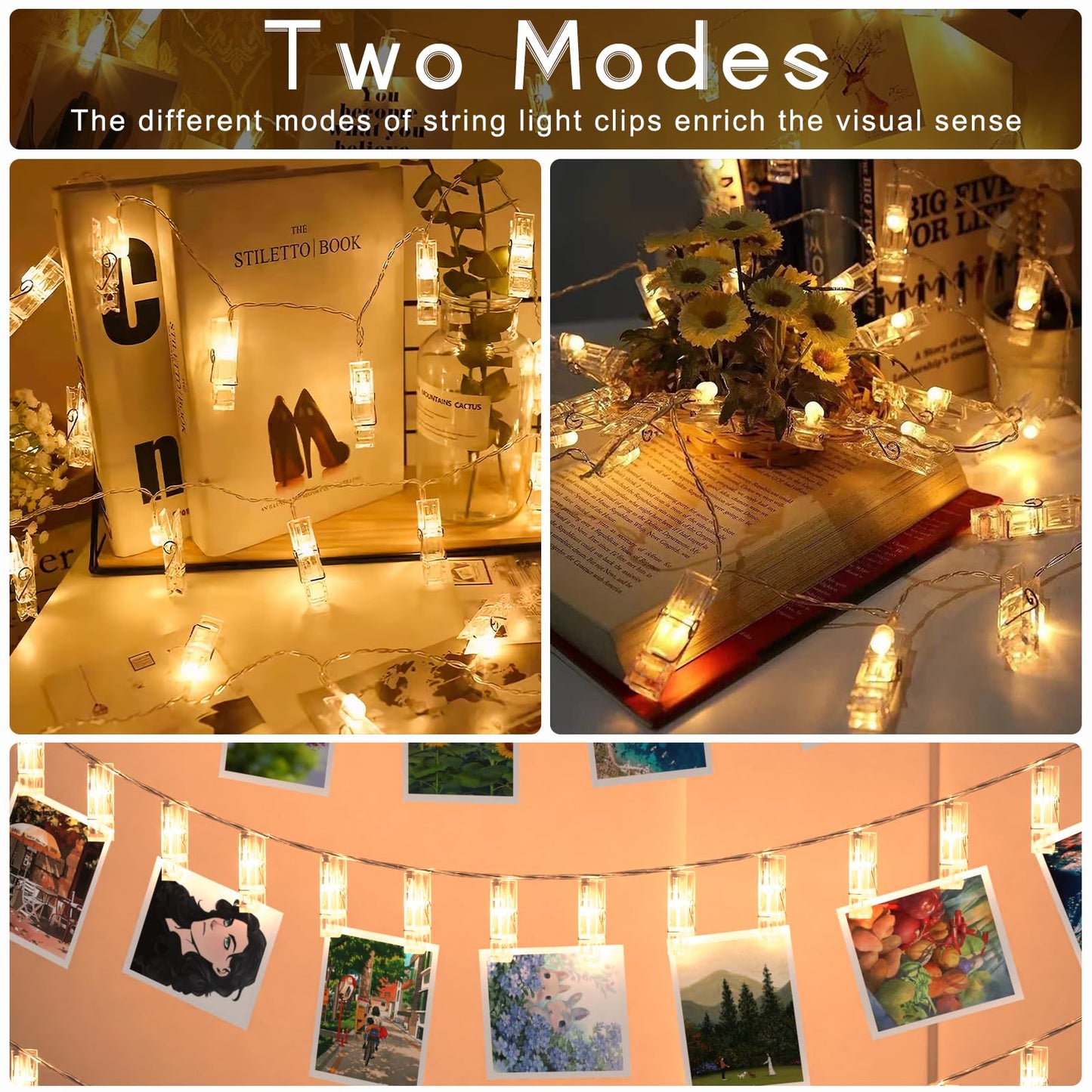 Photo Clip String Lights 17 FT: 50 LED Fairy Lights with Clips for Bedroom, Wall, Patio, Halloween, Thanksgiving, Wedding & More – Battery Operated with Dual Modes