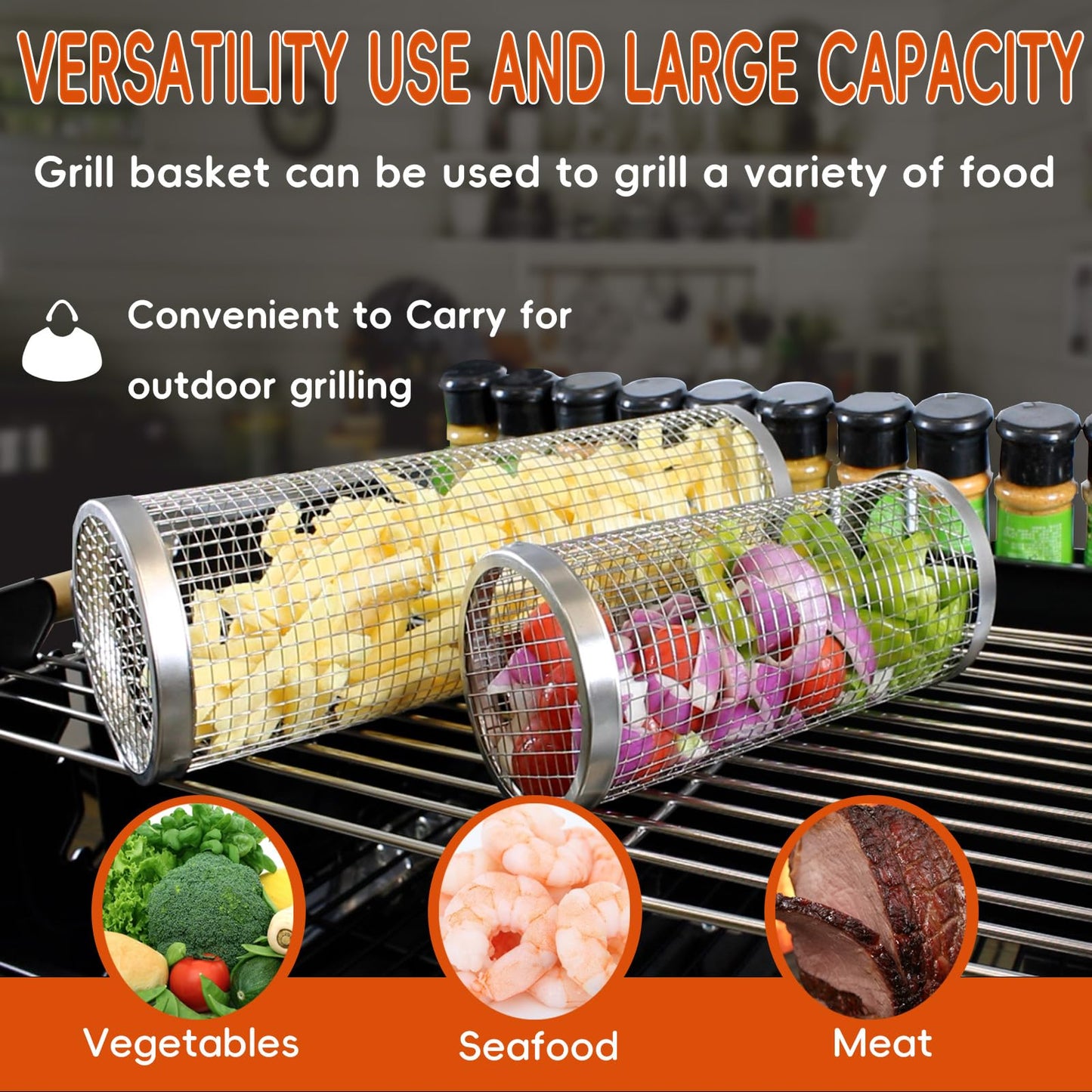 Rolling Grilling Baskets: Ultimate Round BBQ Grill Accessories for Perfect Outdoor Cooking - Stainless Steel Mesh Design for Veggies, Meat, Seafood, and More