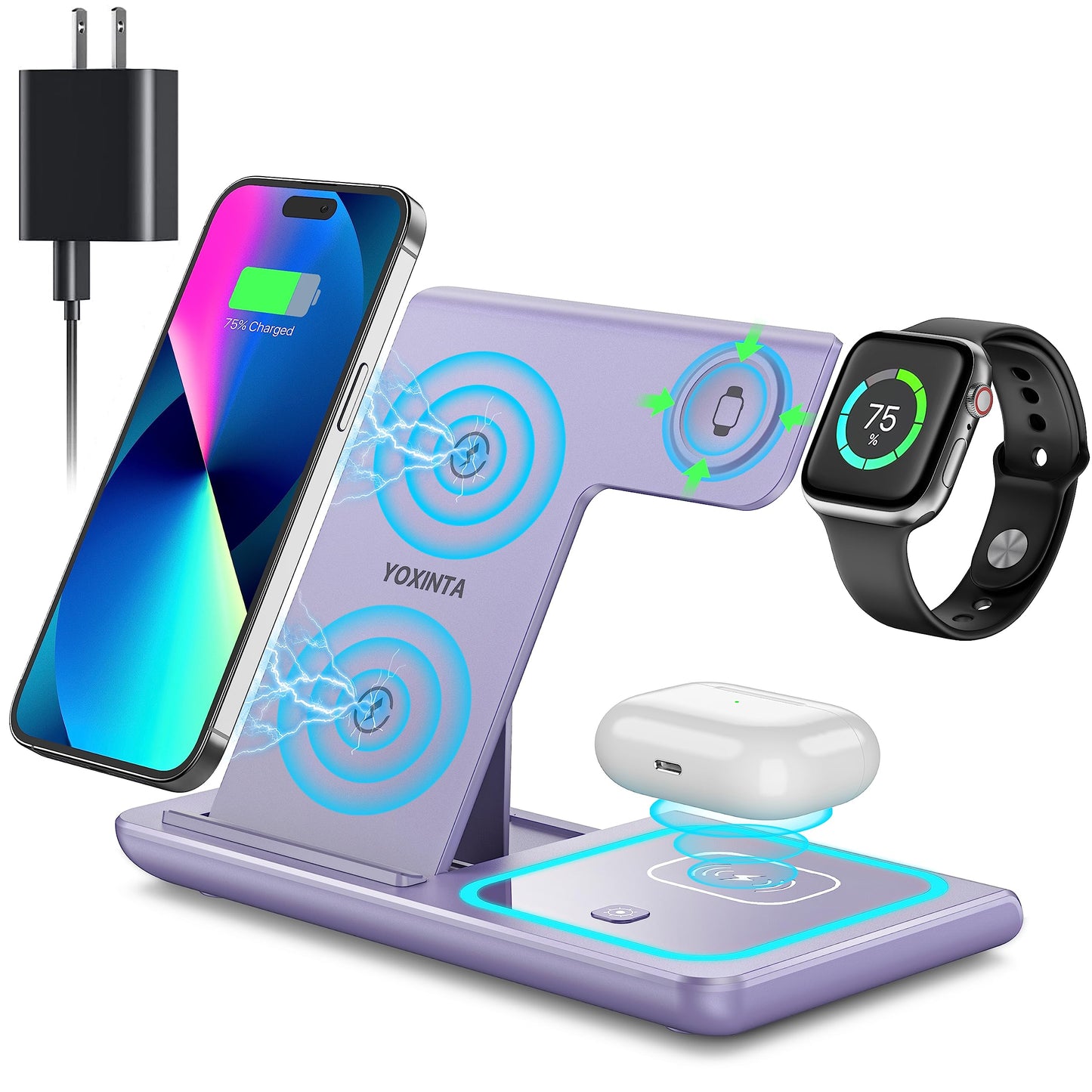 3-in-1 Wireless Charging Station for iPhone, Apple Watch & Airpods (Purple)
