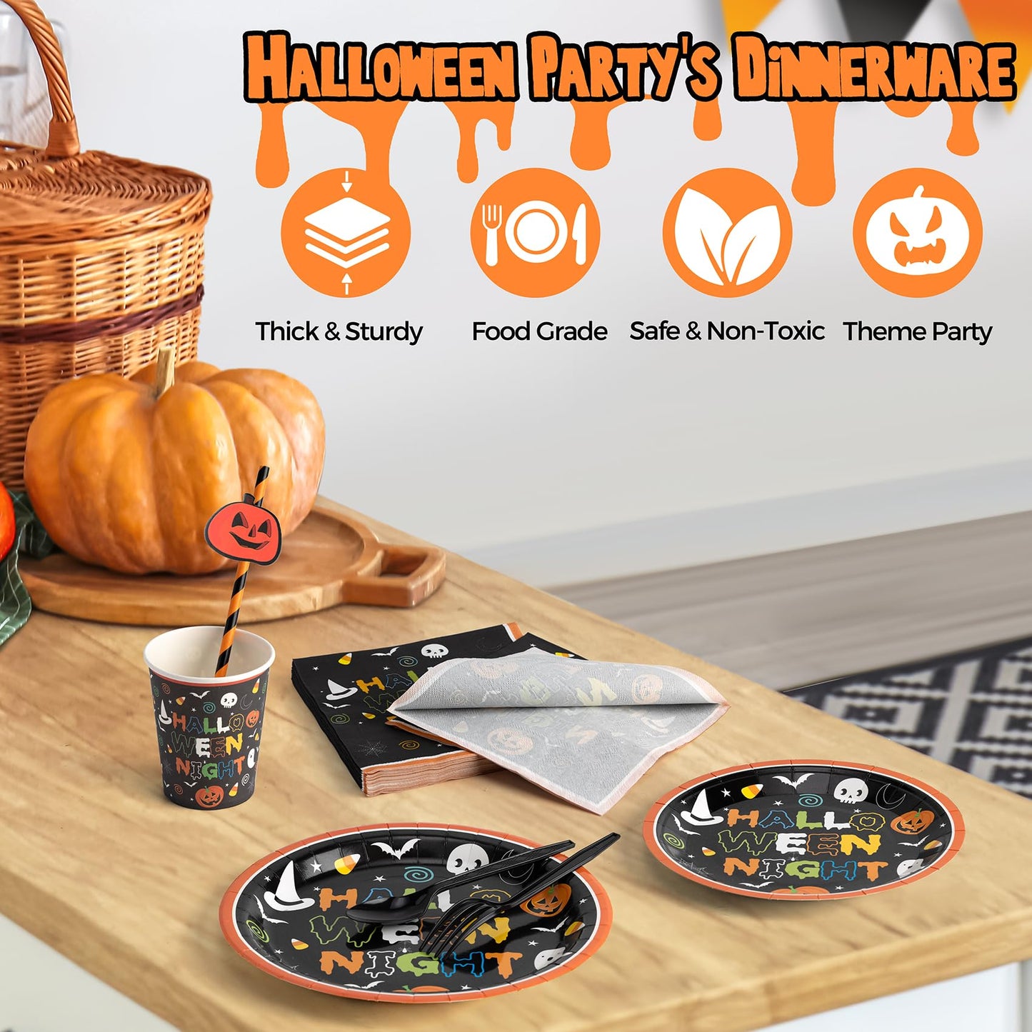 Ultimate 189pc Halloween Party Set: Plates, Napkins, Cups, Decor & More – Serves 24