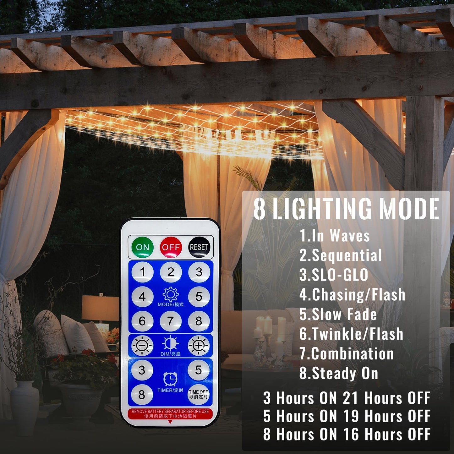 10ftx10ft 270 LED Outdoor Solar Gazebo Mesh Net Fairy Lights w/ 8 Modes/Remote