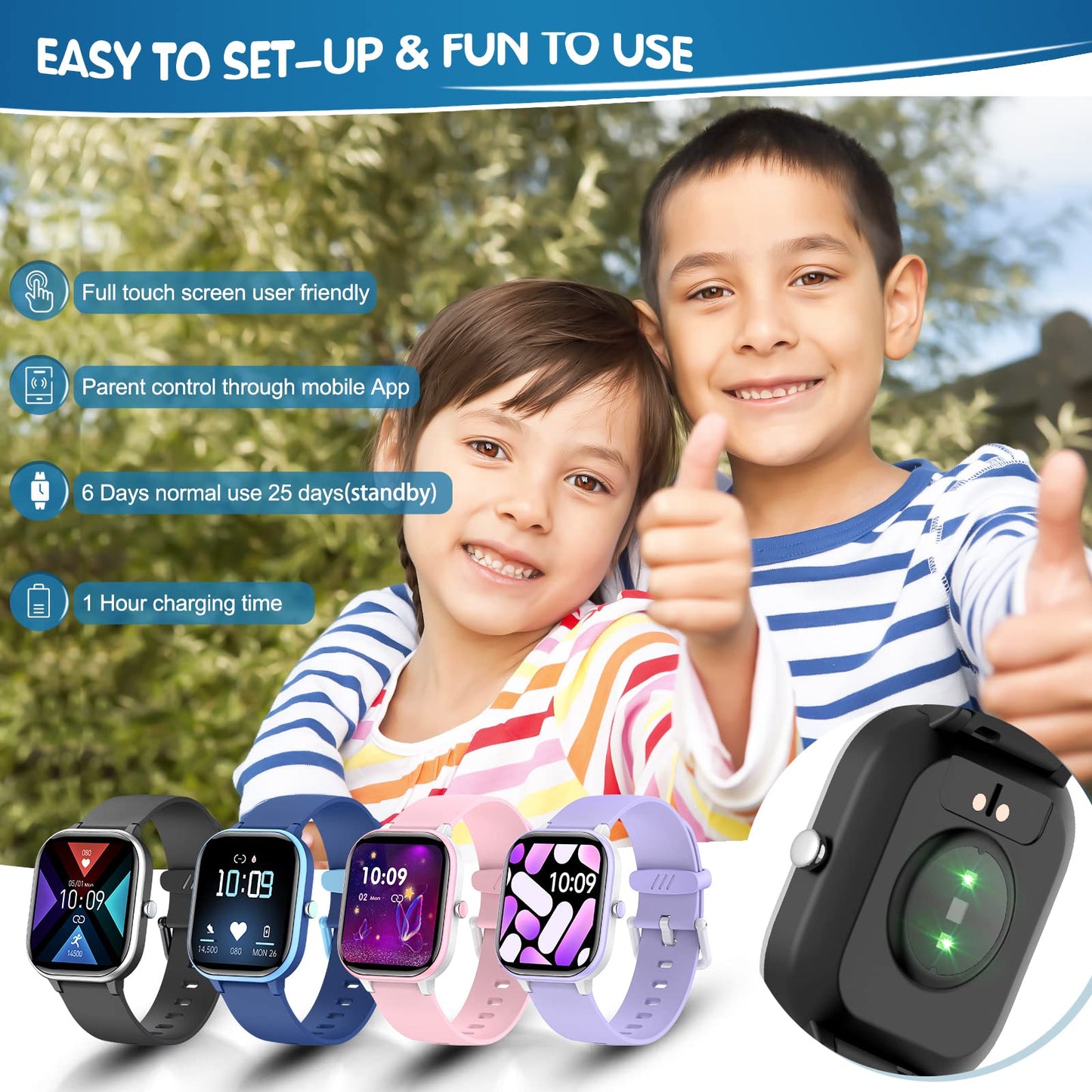 Kids Smart Watch: Fitness Tracker, Pedometer, Heart Rate & Sleep Monitor, DIY Face for Ages 6+ - Perfect for Active Boys, Girls & Teens