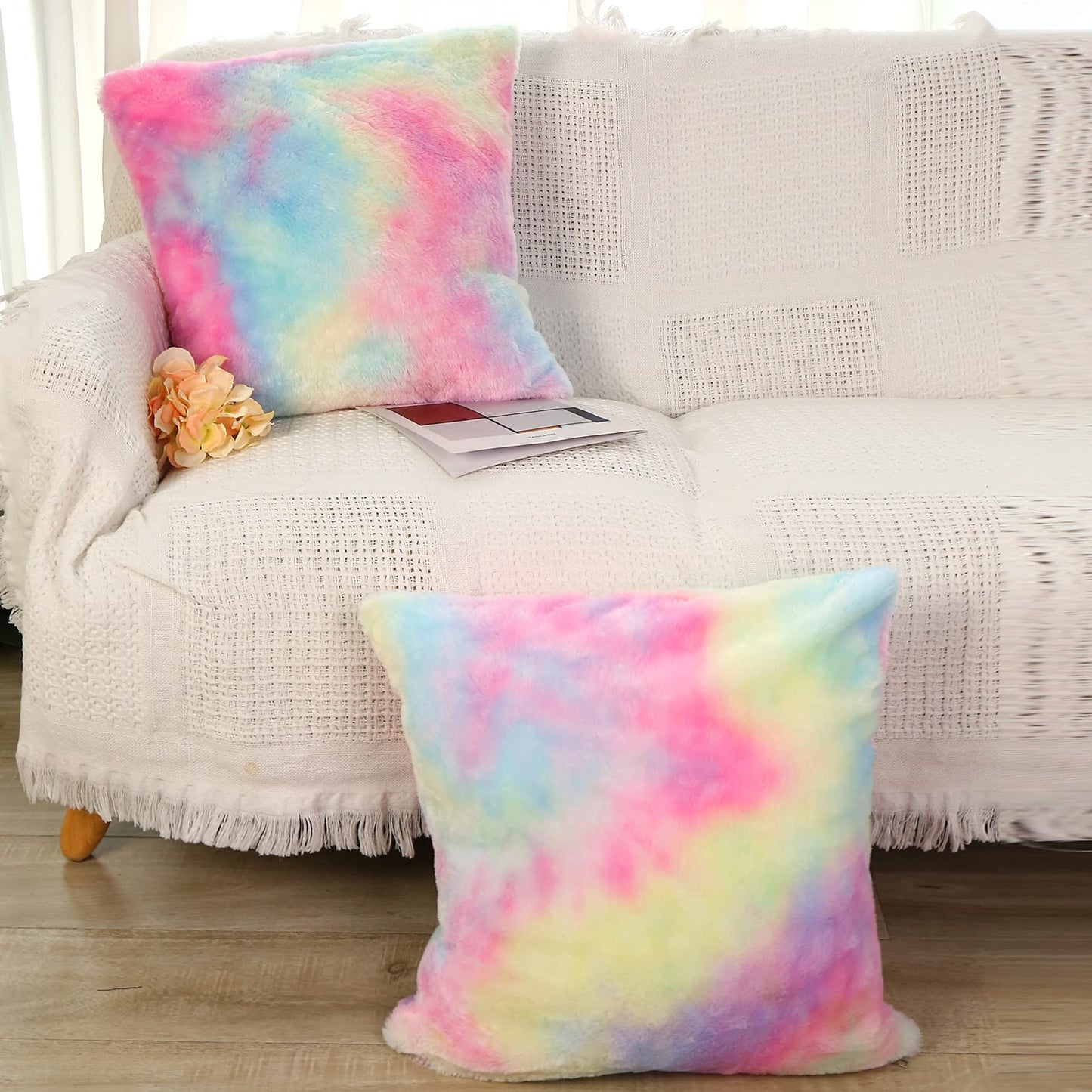 2pk 18"x18" Super Soft Fluffly Faux Fur Wool Tie Dye Throw Pillow Covers