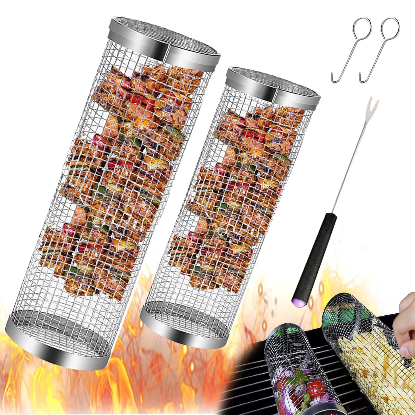 Rolling Grilling Baskets: Ultimate Round BBQ Grill Accessories for Perfect Outdoor Cooking - Stainless Steel Mesh Design for Veggies, Meat, Seafood, and More