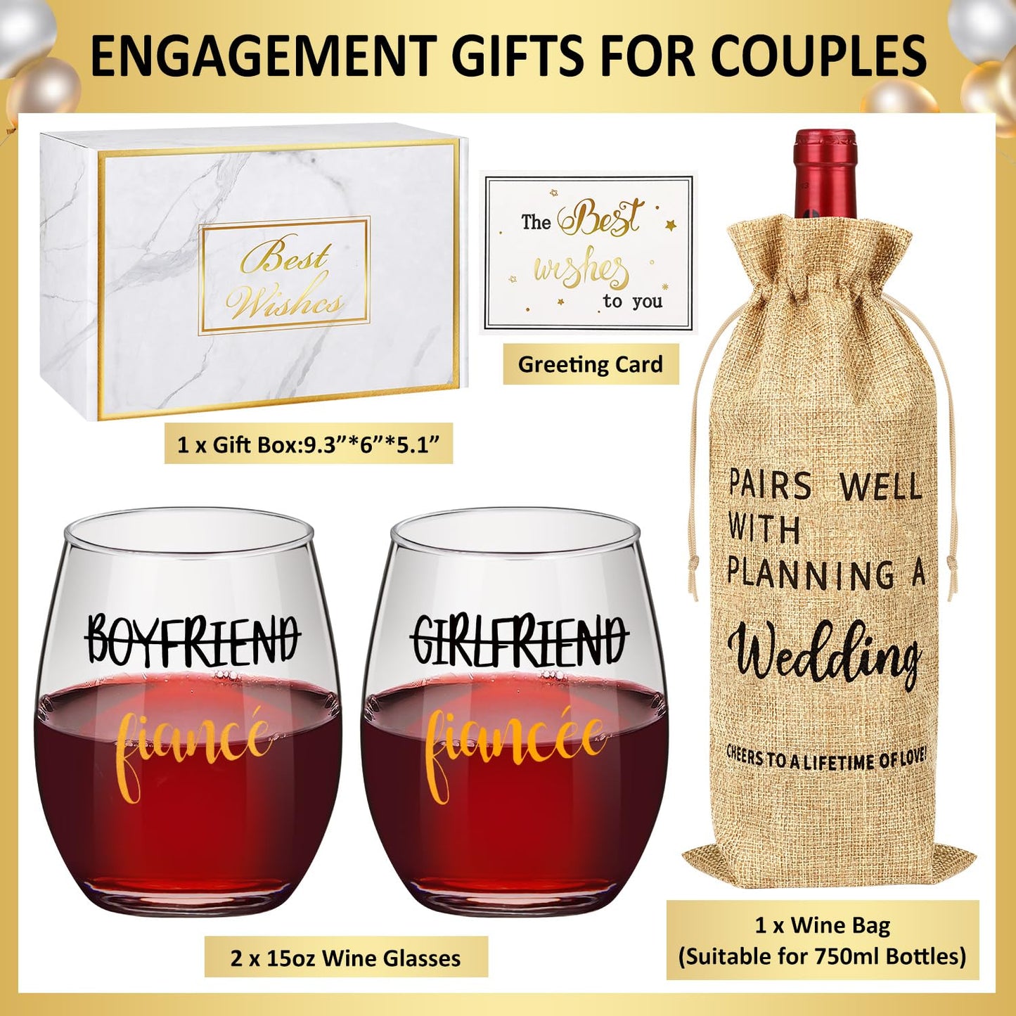 Engagement & Wedding Gift Set: Wine Glasses & Bag for Couples, Bride, and Groom