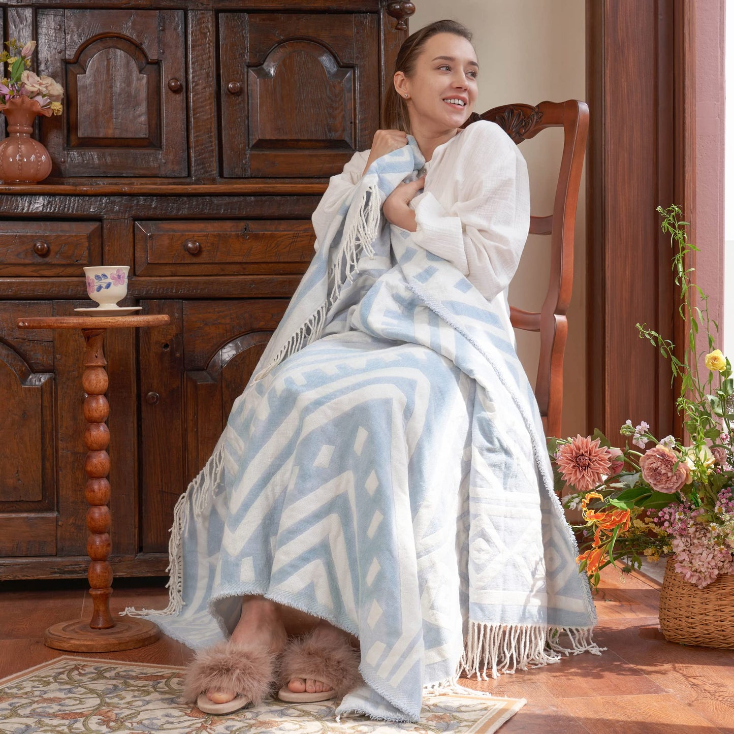Soft and Cozy Chenille Jacquard Woven Throw Blanket - Retro Boho Design with Tassels for Couch, Bed, Outdoor - Light Blue, 50x60 inches