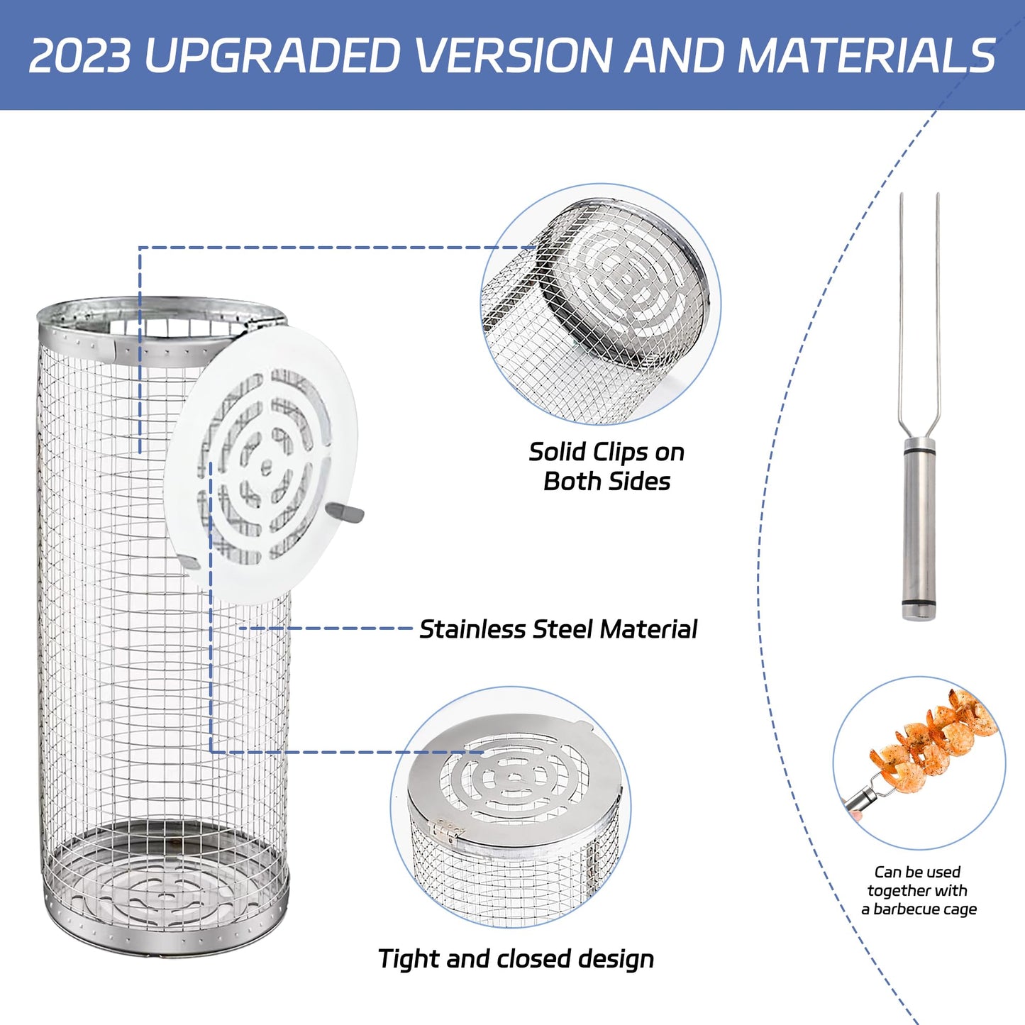 Rolling Grilling Baskets for Outdoor Cooking - 2Pcs Set, Upgraded, Portable, 304 Stainless Steel, Ideal for Veggies, Fish, Shrimp, Meat, Easy-to-Clean, Heat & Rust-Resistant, Perfect for Camping & Picnics