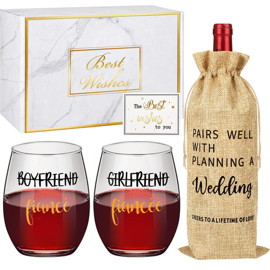 Engagement & Wedding Gift Set: Wine Glasses & Bag for Couples, Bride, and Groom