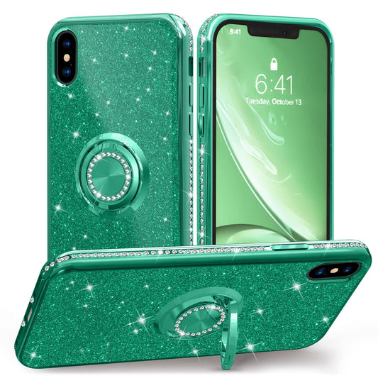Sparkle Diamond Ring Case for iPhone X/XS 5.8" - Pine Green Full Body Protection & Stand