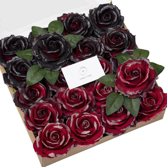 20pcs Wedding Bridal Bouquets Centerpieces Silk Red Glitter Roses w/ Stems