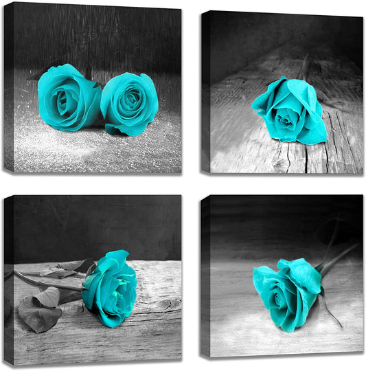 4pcs 12"x12" Turquoise/Teal Rose Canvas Wall Art