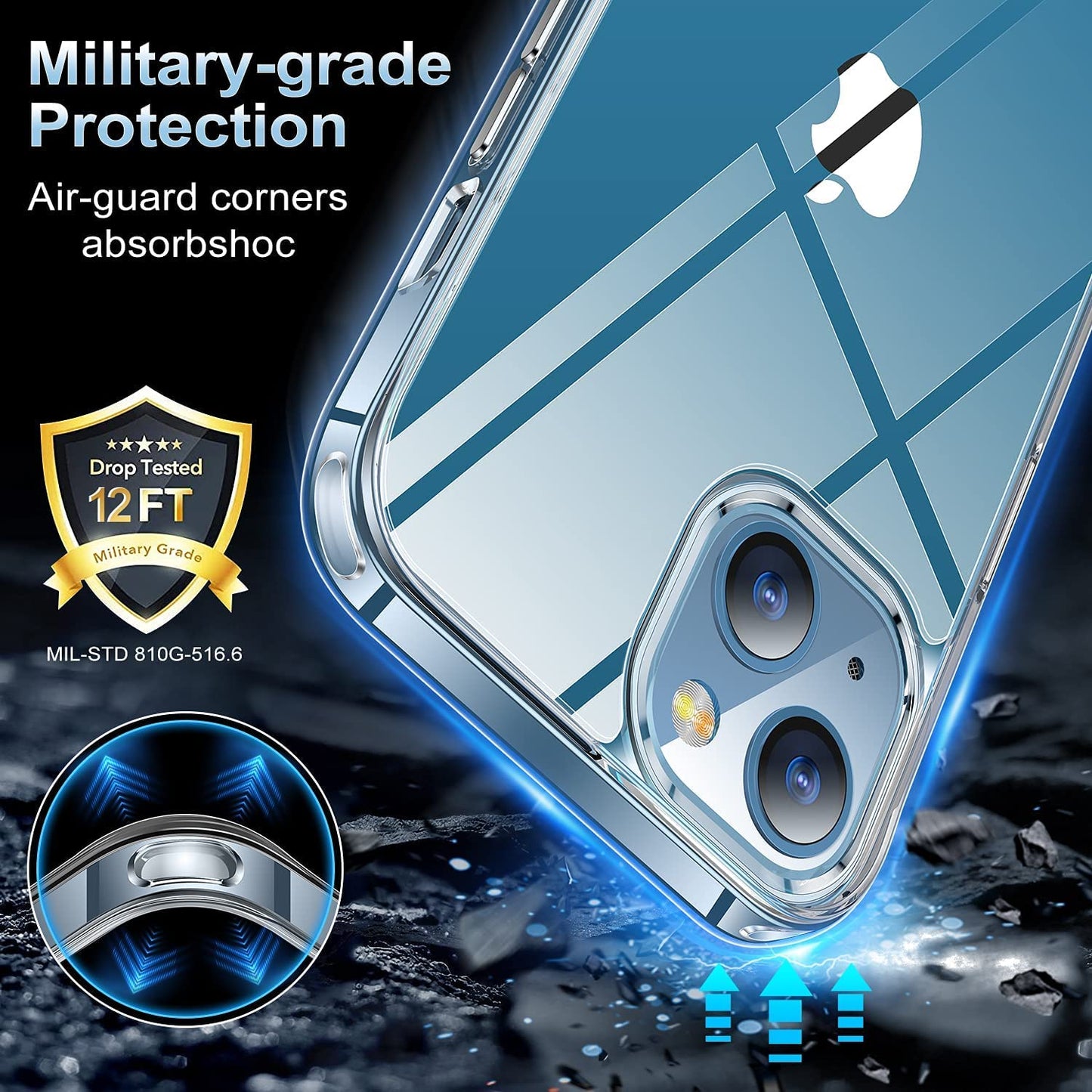 Shockproof iPhone 13 Case, Non-Yellowing, 15FT Military Grade Drop Protection, Scratch-Resistant, Slim, Non-Slip Grip, Raised Camera & Screen Guards, Crystal Clear, Durable Materials, 6.1 inches