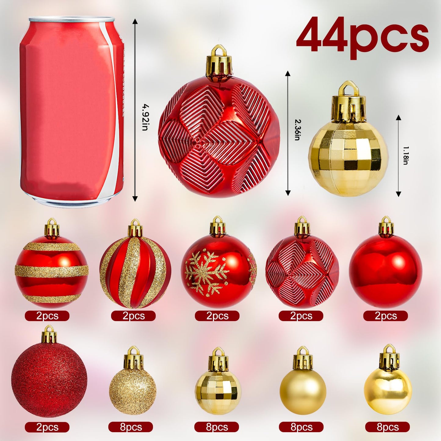 Red & Gold 44Pcs Christmas Balls Ornaments Set for Tree, Wreath & Garland - Shiny and Matte Holiday Decor