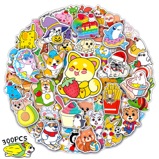 300 Pcs Cute Animal & Food Vinyl Stickers Pack for Water Bottles - Perfect for Kids, Teens & Students
