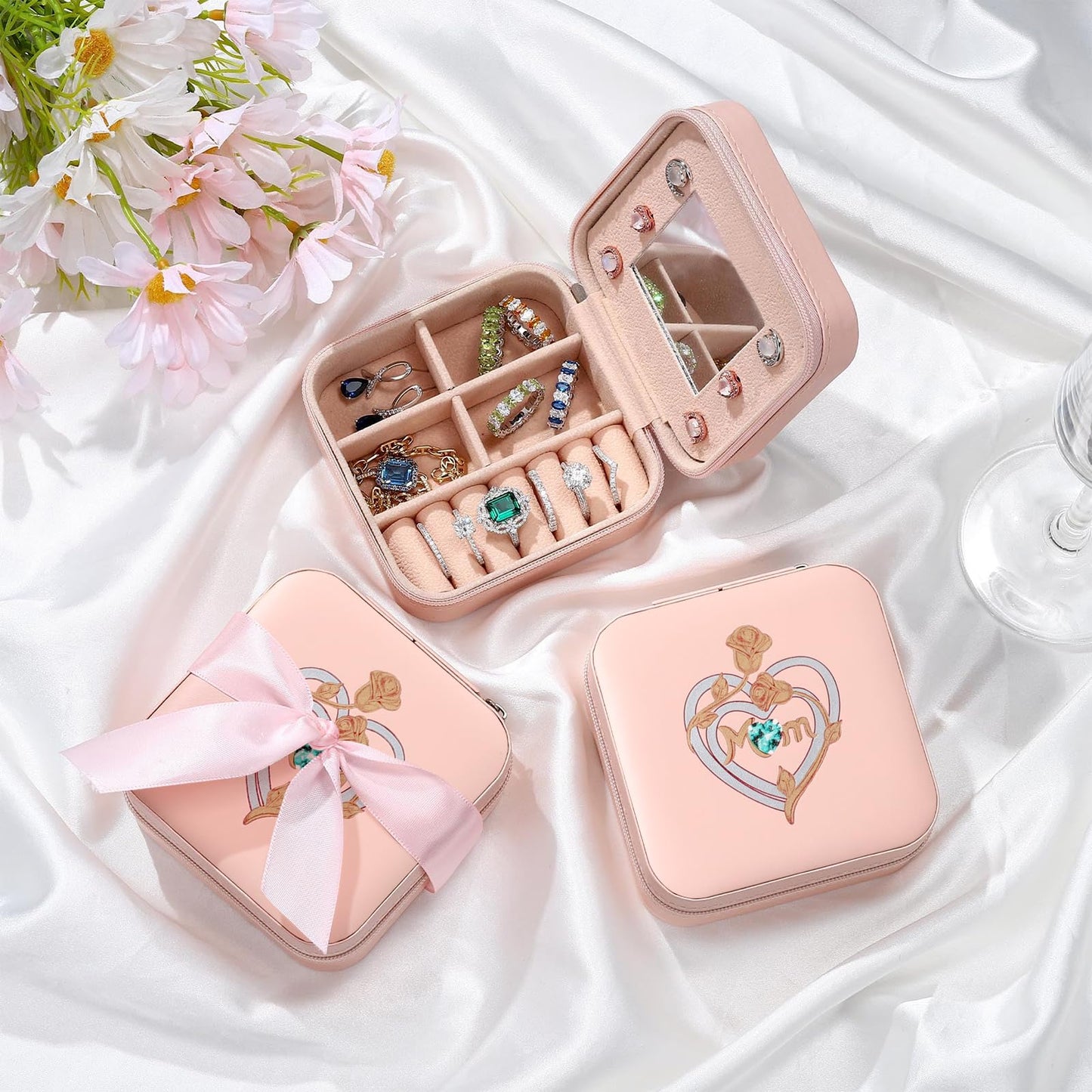 Luxury Pink PU Leather Jewelry Box for Mom - Perfect for Earrings, Rings, Necklaces | Ideal for Mother's Day, Christmas, Thanksgiving