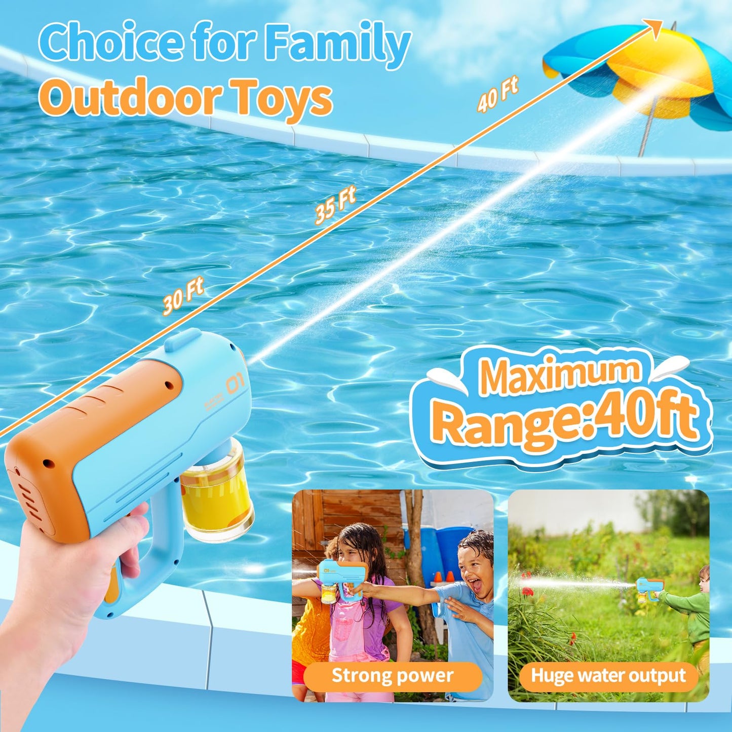 Blue/Orange Automatic Electric Water Squirt Gun Toy Shoots Up to 40ft