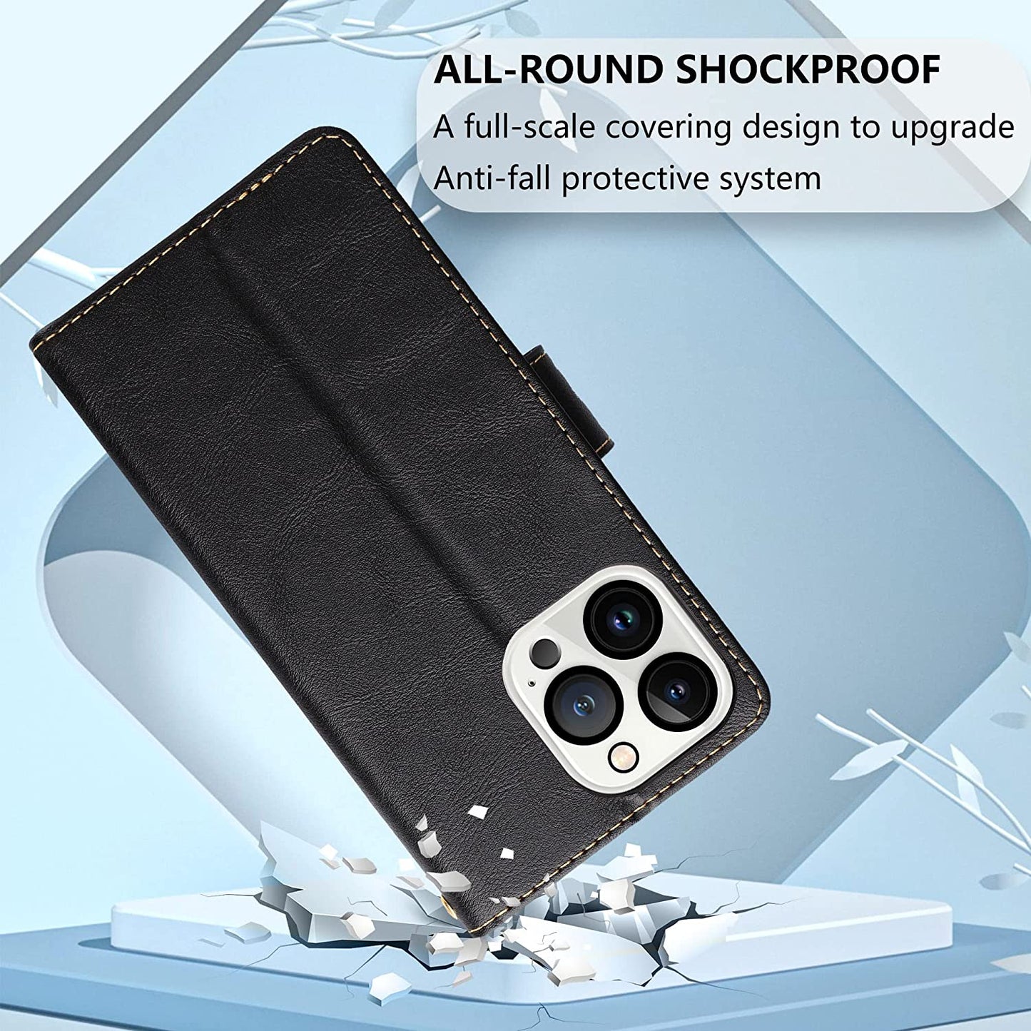 iPhone 14 Pro Max Kickstand Wallet Case w/ 2 ea Screen/Camera Lens Protectors