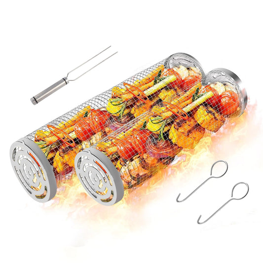 Rolling Grilling Baskets for Outdoor Cooking - 2Pcs Set, Upgraded, Portable, 304 Stainless Steel, Ideal for Veggies, Fish, Shrimp, Meat, Easy-to-Clean, Heat & Rust-Resistant, Perfect for Camping & Picnics