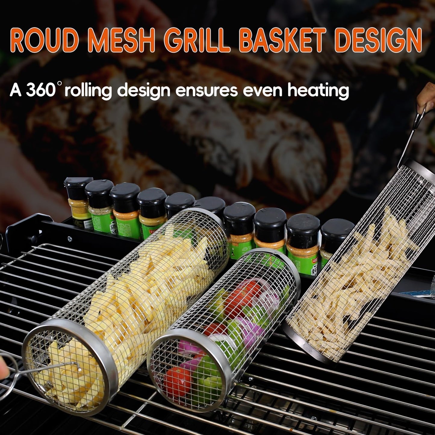 Rolling Grilling Baskets: Ultimate Round BBQ Grill Accessories for Perfect Outdoor Cooking - Stainless Steel Mesh Design for Veggies, Meat, Seafood, and More