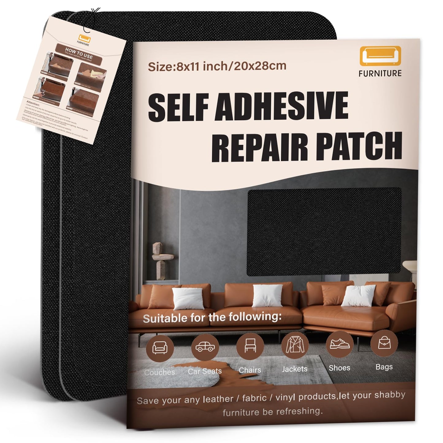 3pk 8"x11" Black Self-Adhesive Furniture/Fabric Repair Patches