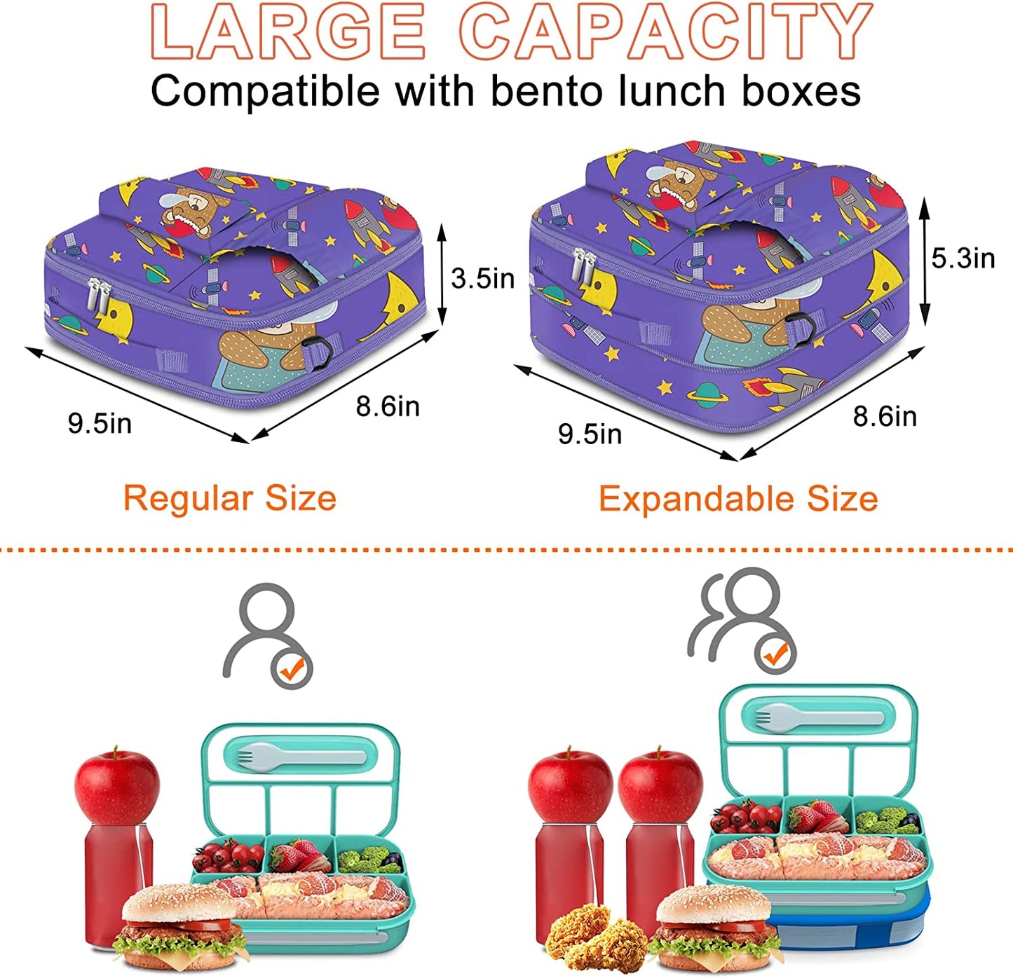 Expandable Thermal Insulated Lunch Box/Bag/Cooler w/ 2 Ice Packs/Snack Bags