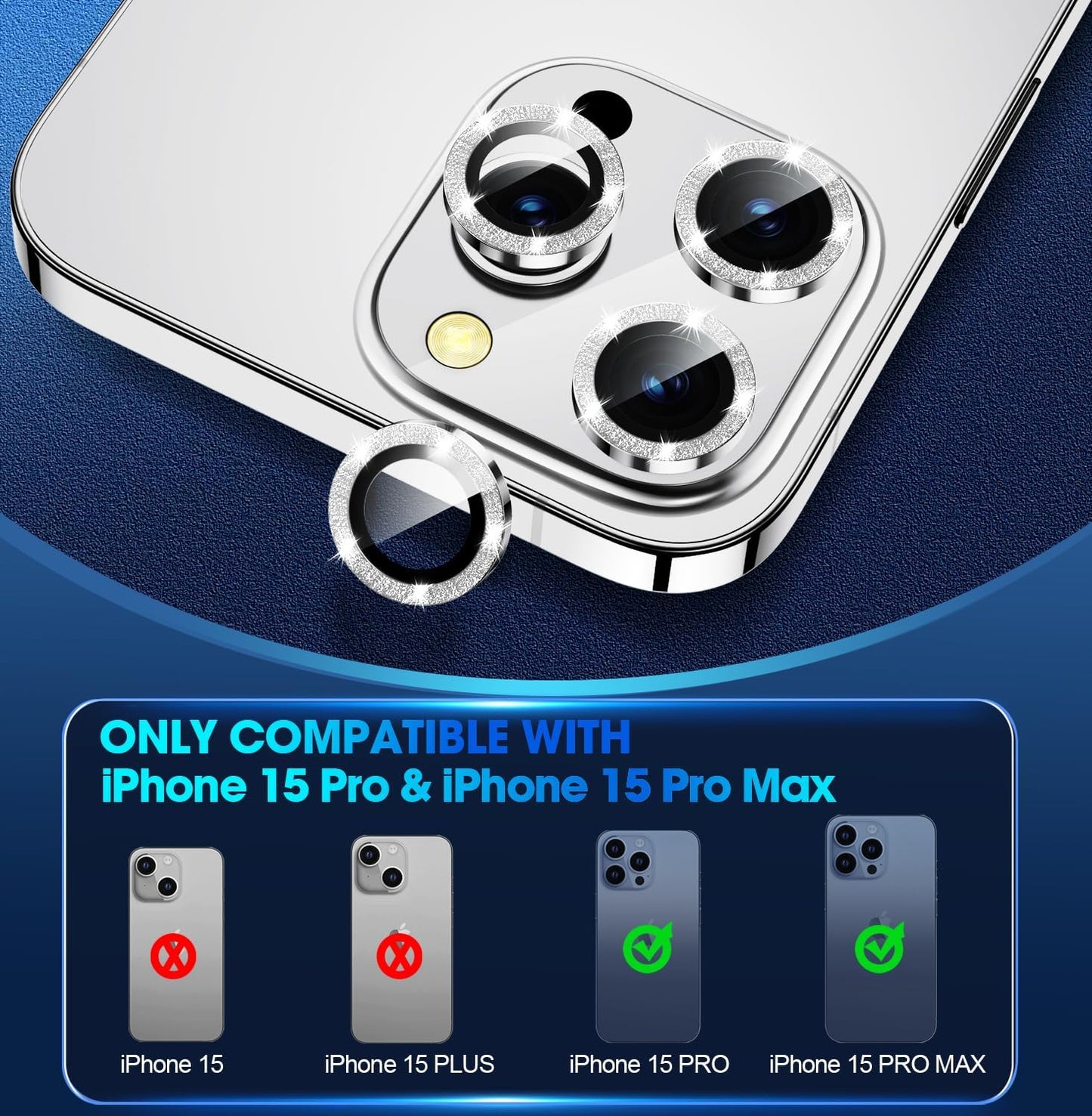 Stylish Silver Glitter Camera Lens Protector for iPhone 15 Pro/15 Pro Max: Scratchproof, Case-Friendly Accessory Enhancing Camera Quality with AR Technology