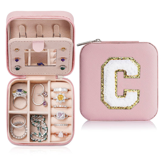 Personalized Pink Travel Jewelry Box with Monogram C - Ideal for Women's Birthday and Christmas Gifts