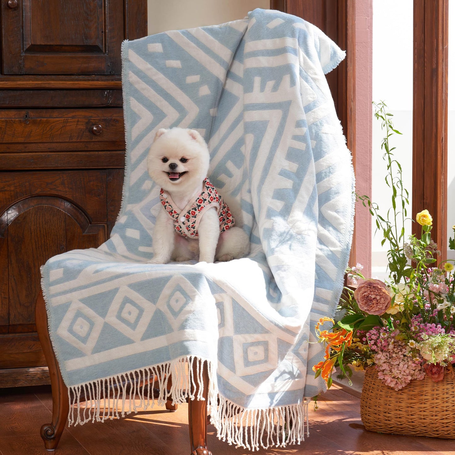 Soft and Cozy Chenille Jacquard Woven Throw Blanket - Retro Boho Design with Tassels for Couch, Bed, Outdoor - Light Blue, 50x60 inches