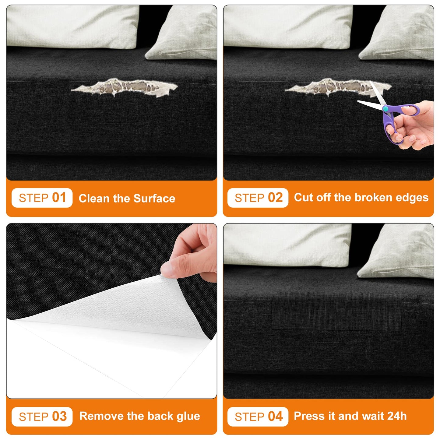 3pk 8"x11" Black Self-Adhesive Furniture/Fabric Repair Patches