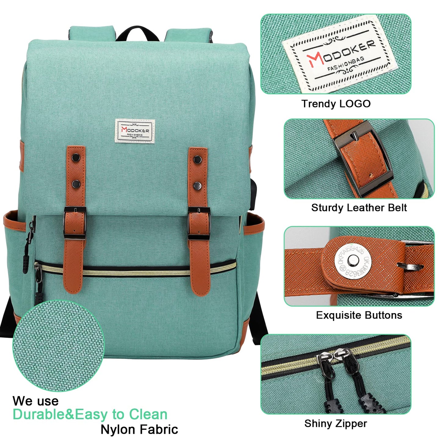 Vintage Laptop Backpack with USB Port: Fashionable Travel Gear for Both Women & Men - Fits 15.6 Inch Notebook in Elegant Green