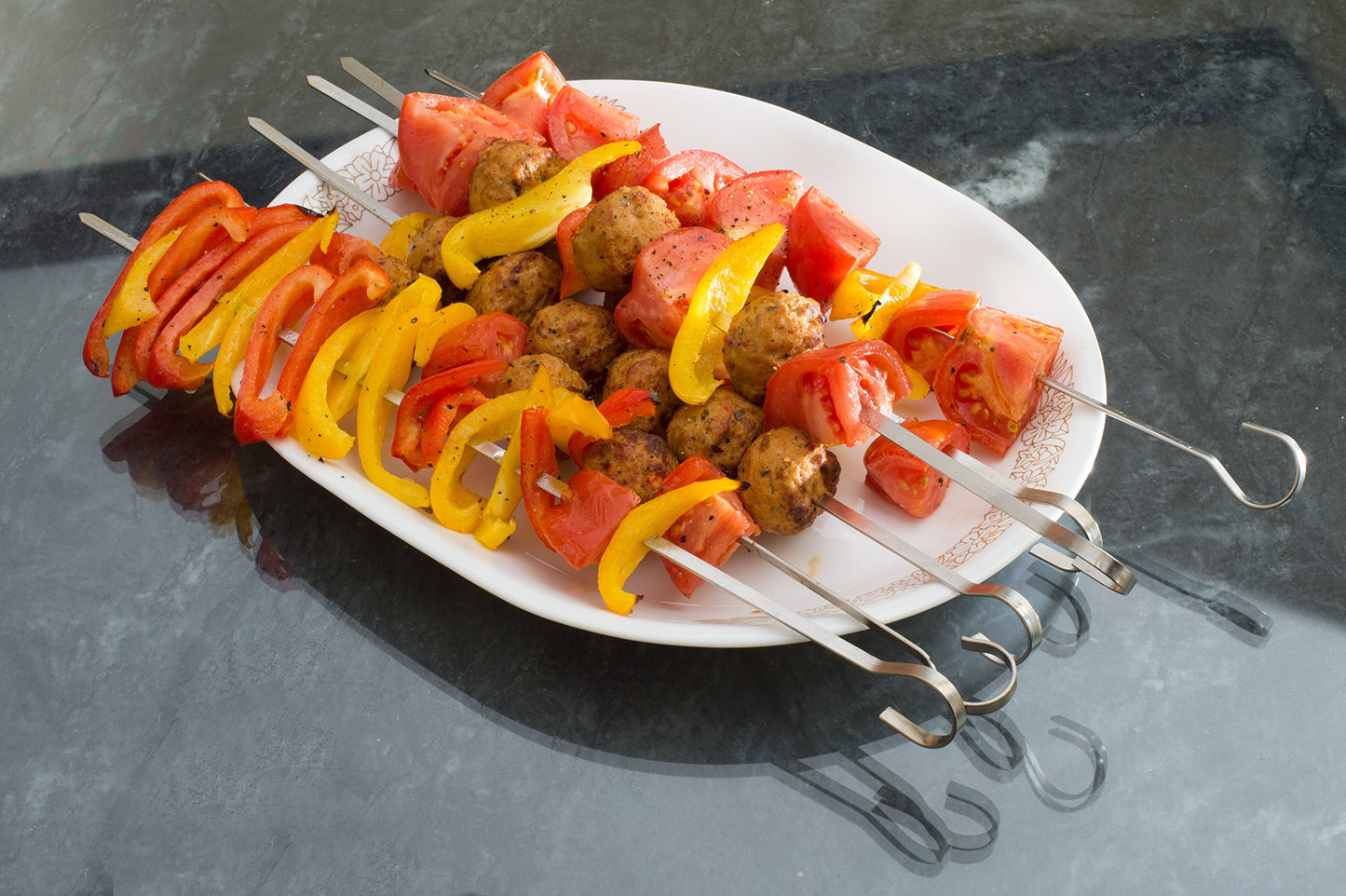 12 Stainless Steel Shish Kabob Skewers 14.5" - Durable, Flat & Wide BBQ Accessories with Ring-Tip Handle for Even, Quick Cooking | Ideal for Meat, Vegetables & More