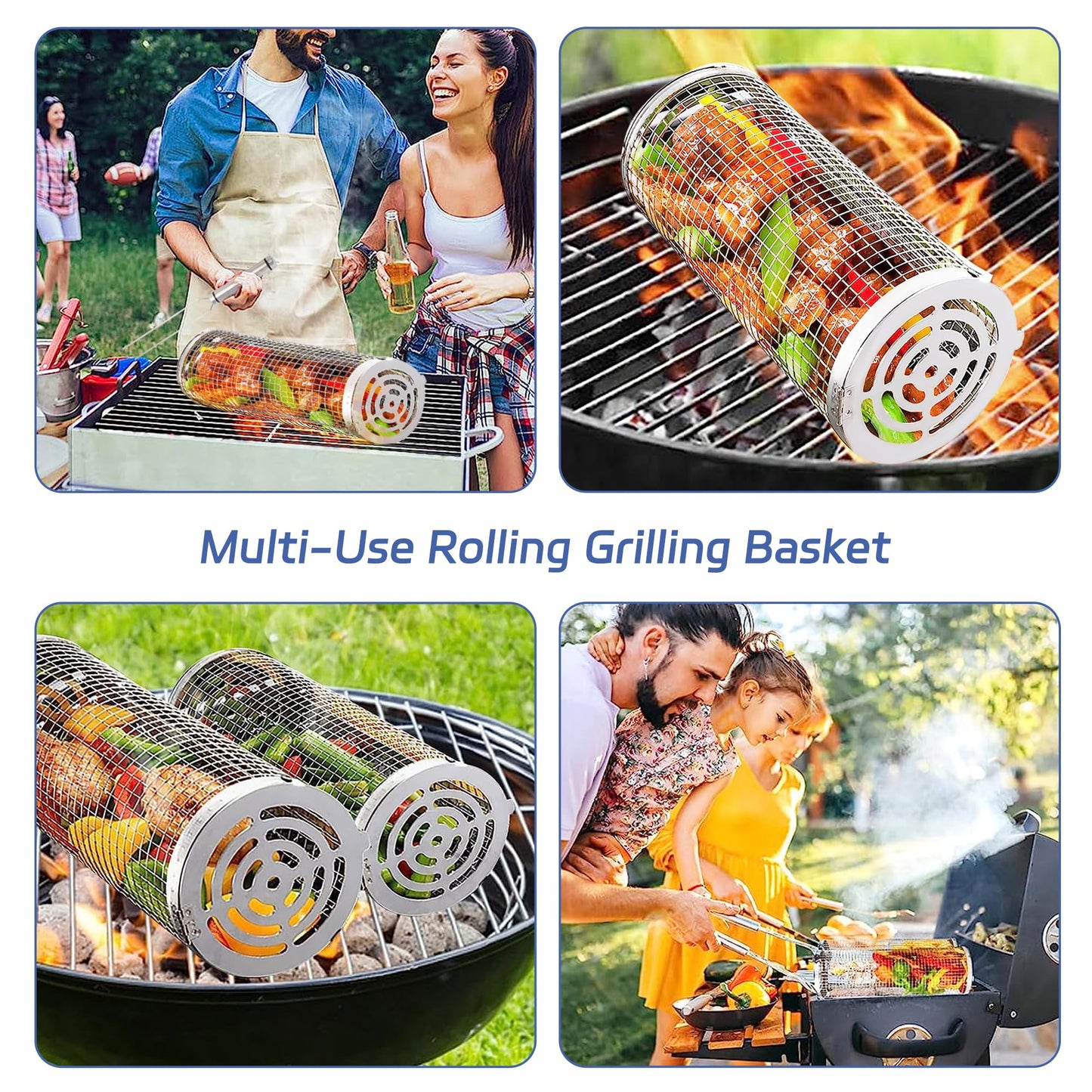 Rolling Grilling Baskets for Outdoor Cooking - 2Pcs Set, Upgraded, Portable, 304 Stainless Steel, Ideal for Veggies, Fish, Shrimp, Meat, Easy-to-Clean, Heat & Rust-Resistant, Perfect for Camping & Picnics