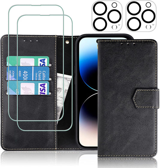 iPhone 14 Pro Kickstand Wallet Case w/ 2 ea Screen/Camera Lens Protectors