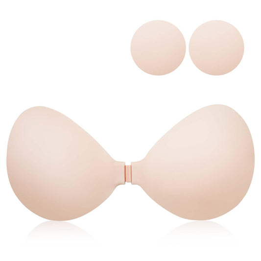 Adhesive Strapless Push-Up Sticky Bra - Invisible Backless Silicone Bra, Size C, Beige