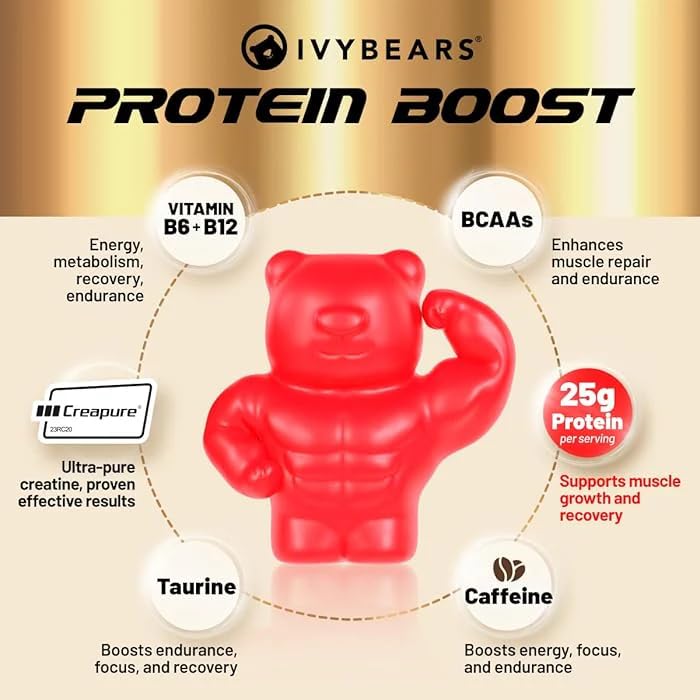Premium Protein Boost Gummies for Men & Women, 25g Protein, 100 Calories, BCAA, Creatine Monohydrate, Caffeine, 70 Gummies, 2.4 lb (1.09 kg)