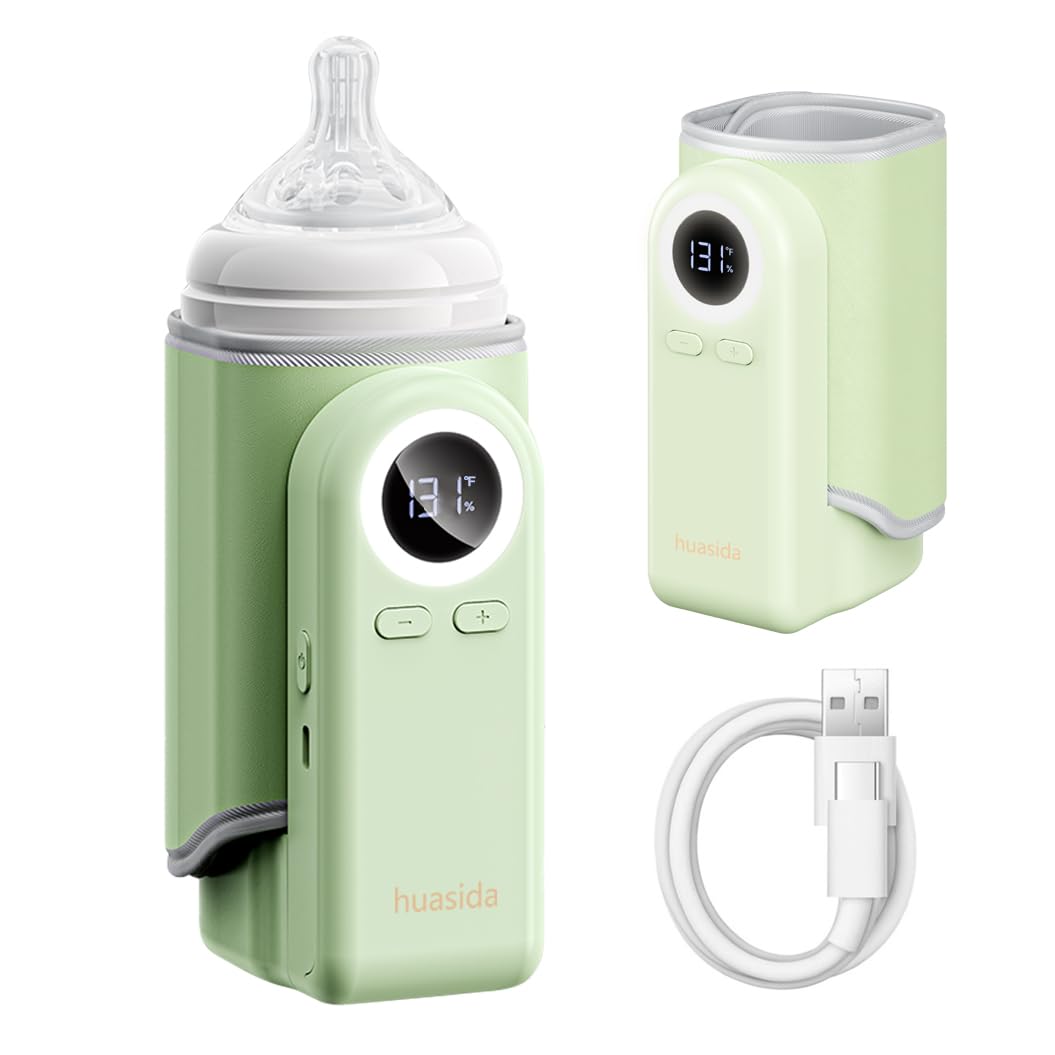 Portable 4-in-1 Baby Bottle Warmer - Rechargeable Waterless Milk & Formula Heater with Adjustable Temperature Control and Night Light - Green