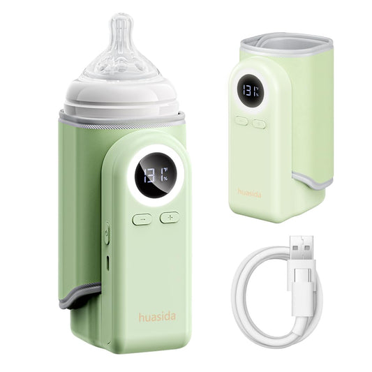 Portable 4-in-1 Baby Bottle Warmer - Rechargeable Waterless Milk & Formula Heater with Adjustable Temperature Control and Night Light - Green