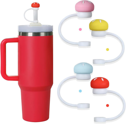 4-Pack Silicone Mushroom Straw Toppers for Stanley Cups, Fits 30 & 40 oz Tumblers - Dust & Spill Proof