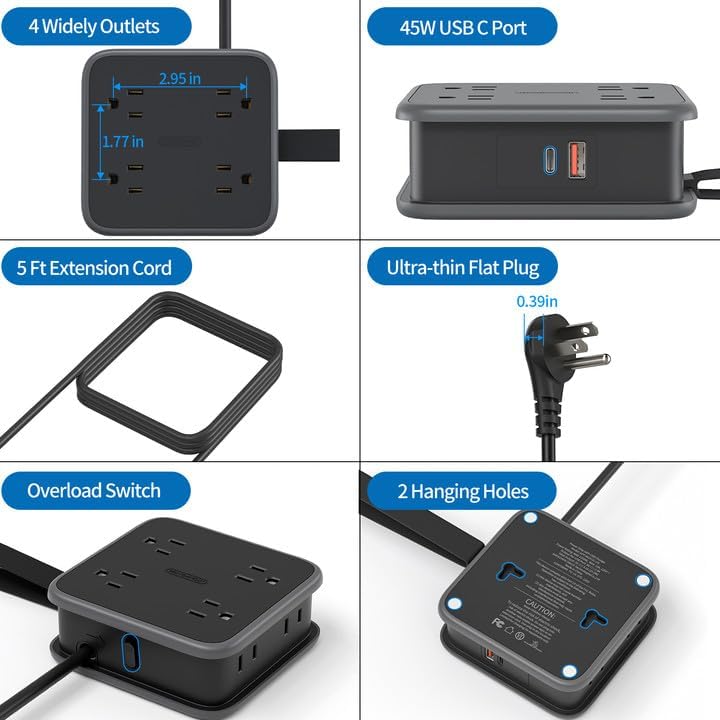 Maximize Your Charging with 4 3-Prong & 4 2-Prong Outlets, GaN 45W USB-C, USB-A Ports Power Strip for Efficient Device Management