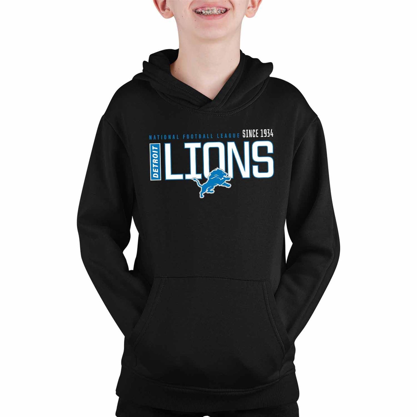 Detroit Lions Youth NFL Modern Endzone Football Fleece Hooded Pullover - Black, Size X-Large