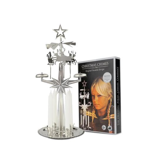 Original Swedish Angel Chimes - Silver Spinning Christmas Candle Carousel with 4 Candles