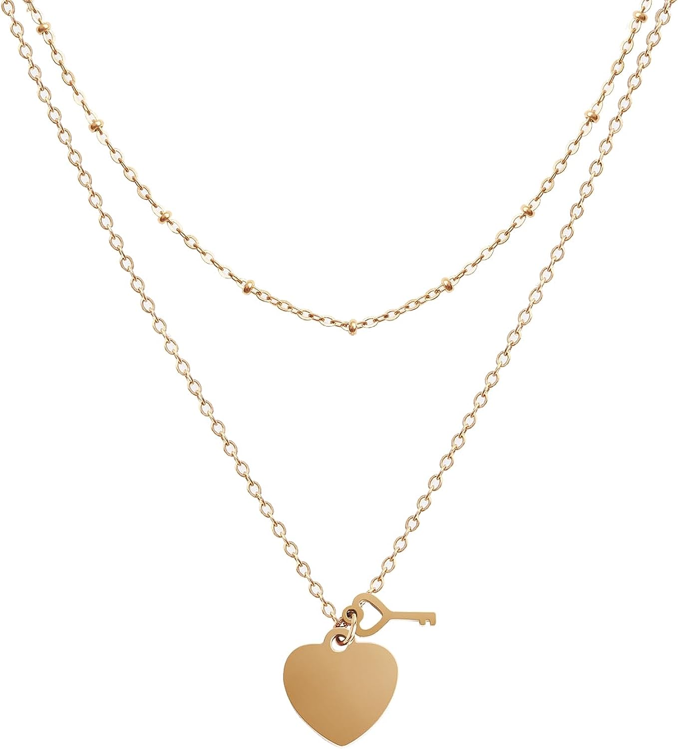 20"+2" 18K Gold Plated Heart Key Pendant Necklace w/ 18"+2" Choker