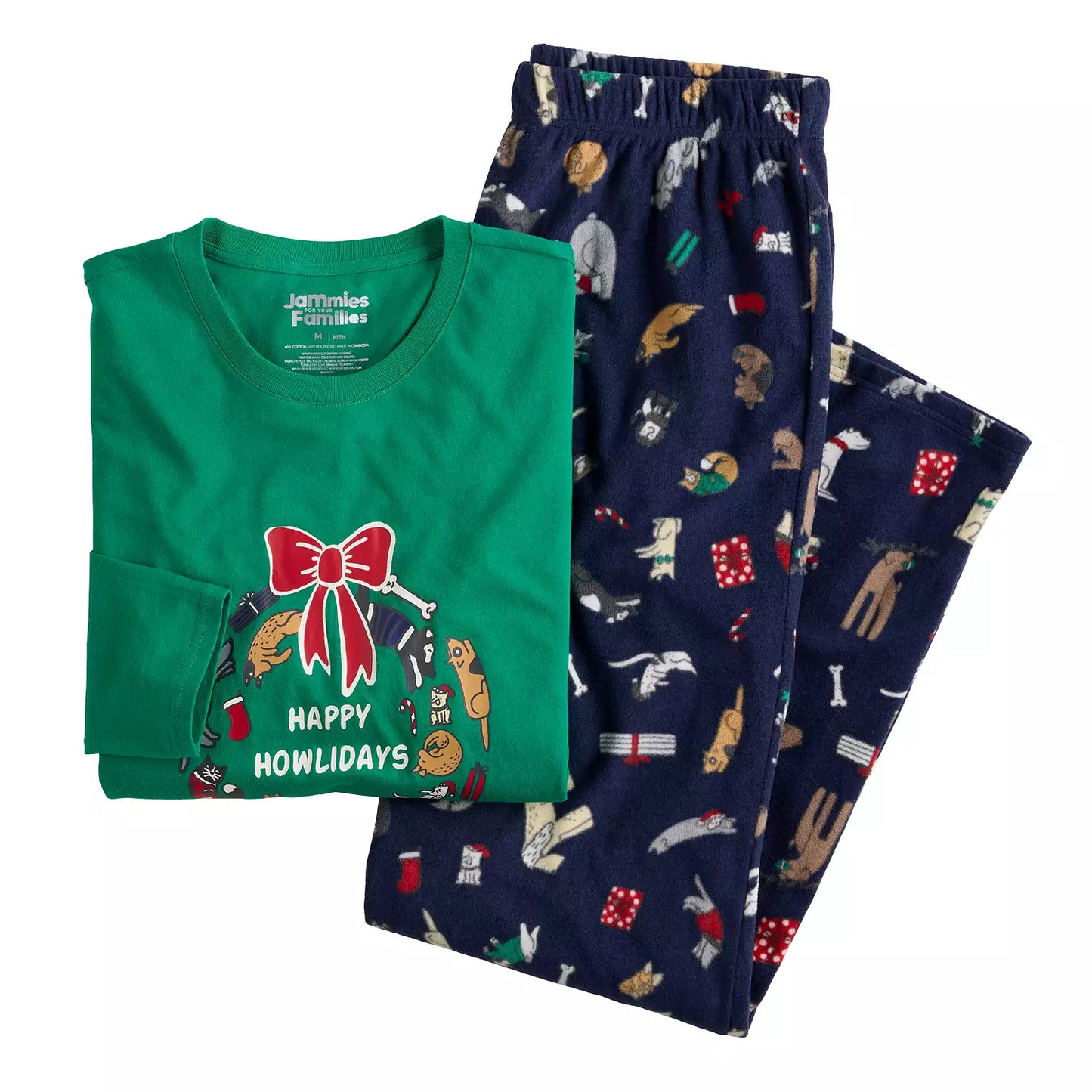 Size L Men's Happy Howlidays Pajama Set: Crewneck Top & Cozy Elastic Pants for Family Fun