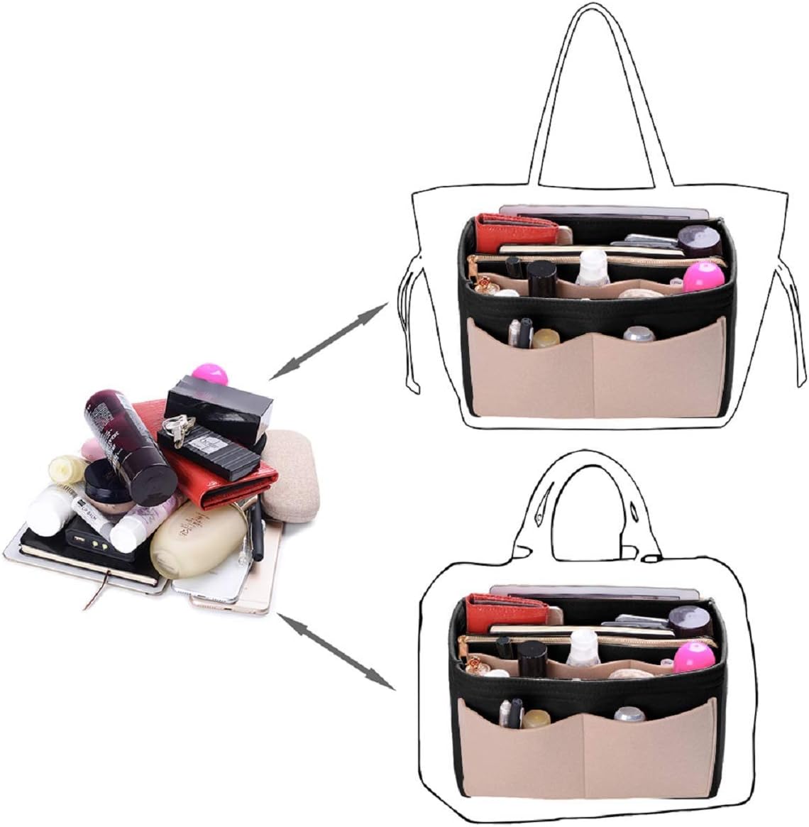 Medium Size Maximize Handbag Functionality: Felt Organizer Insert with Metal Zipper for Tote and Speedy Bags - Beige and Black
