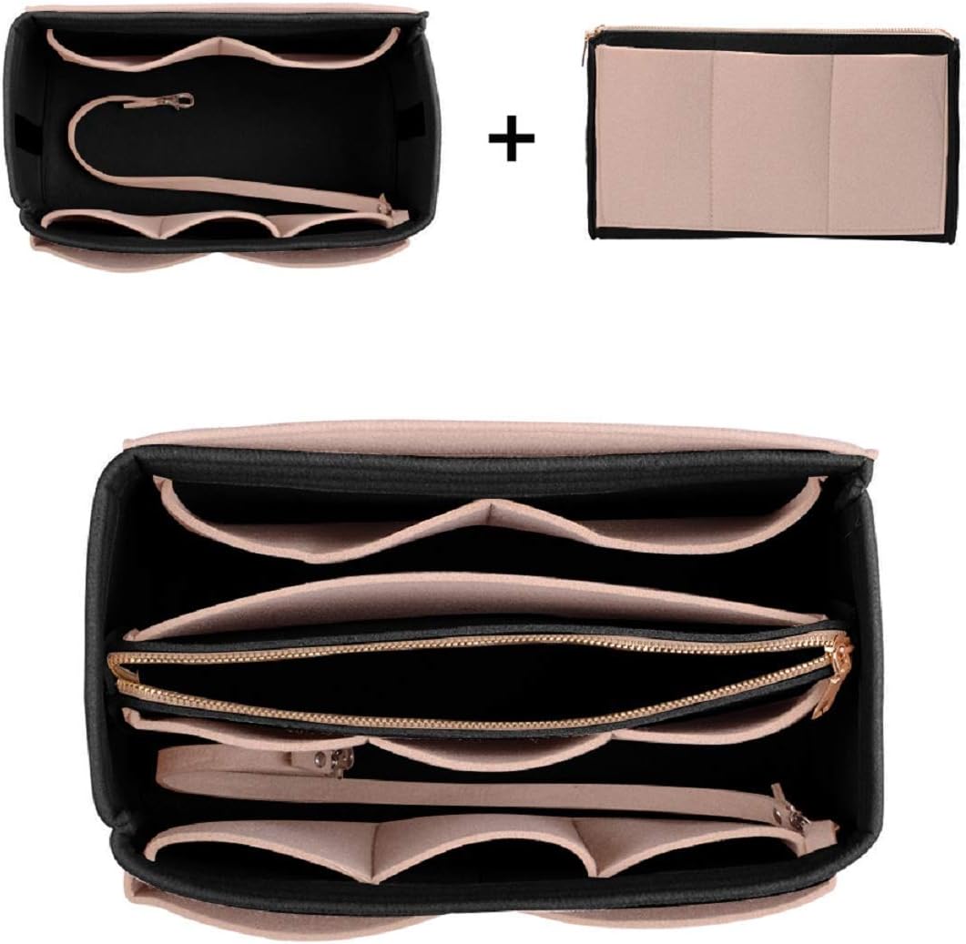 Medium Size Maximize Handbag Functionality: Felt Organizer Insert with Metal Zipper for Tote and Speedy Bags - Beige and Black