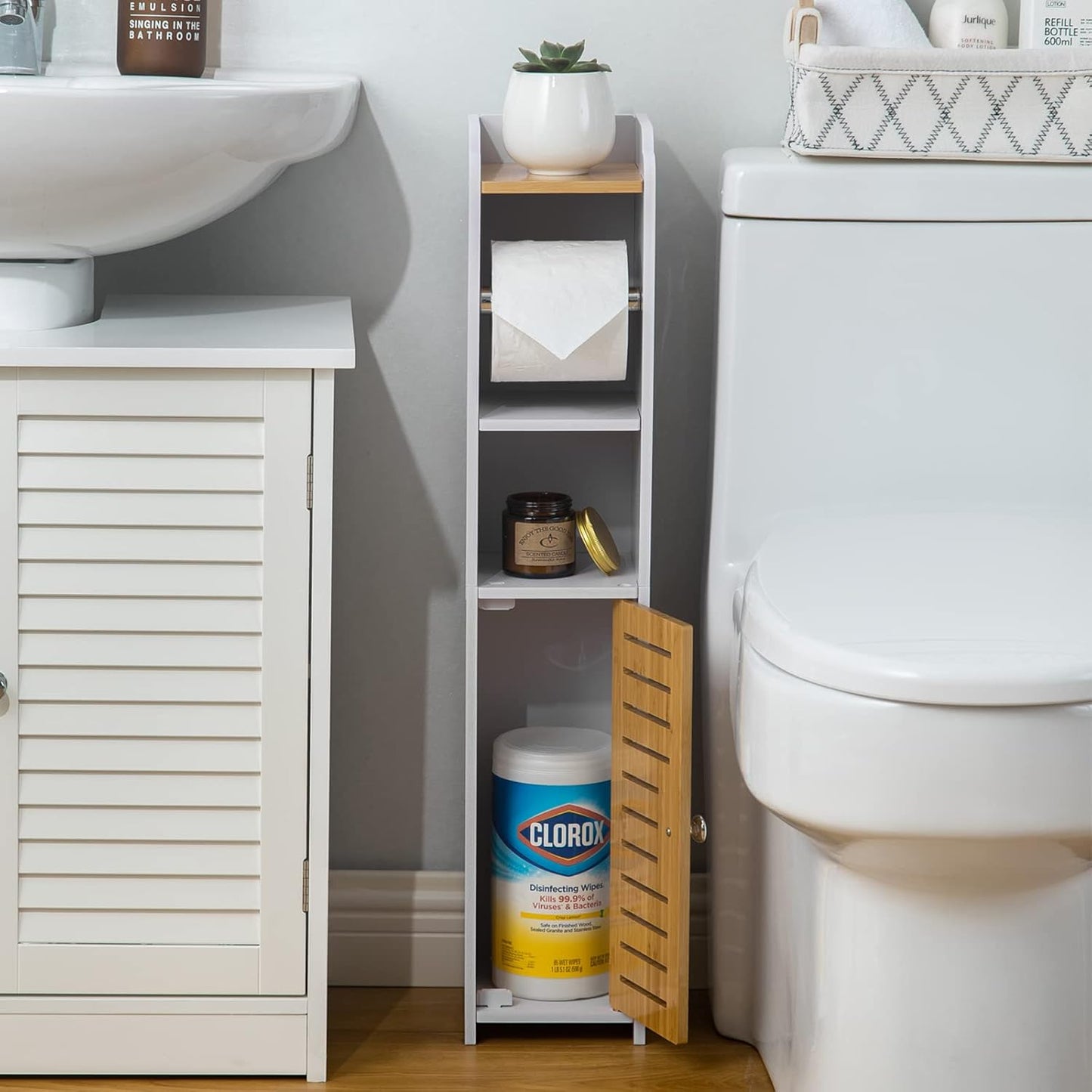 Small Bathroom Storage Cabinet with Toilet Paper Holder – White Bamboo Design