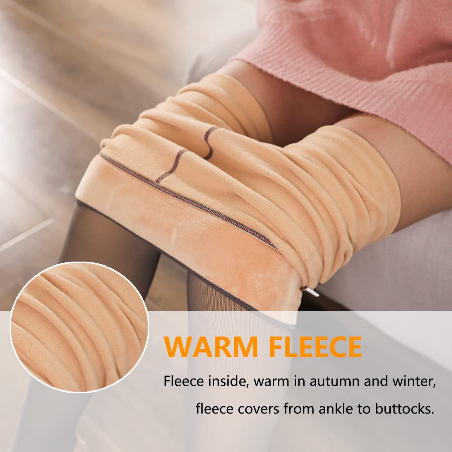 Plus Size (L-XL) Fleece Lined Sheer-Look Tights, Thermal Fake Translucent Pantyhose, High Waist 2.75 in/7 cm, 32–50°F/0–10°C, 7.8 oz/220 g