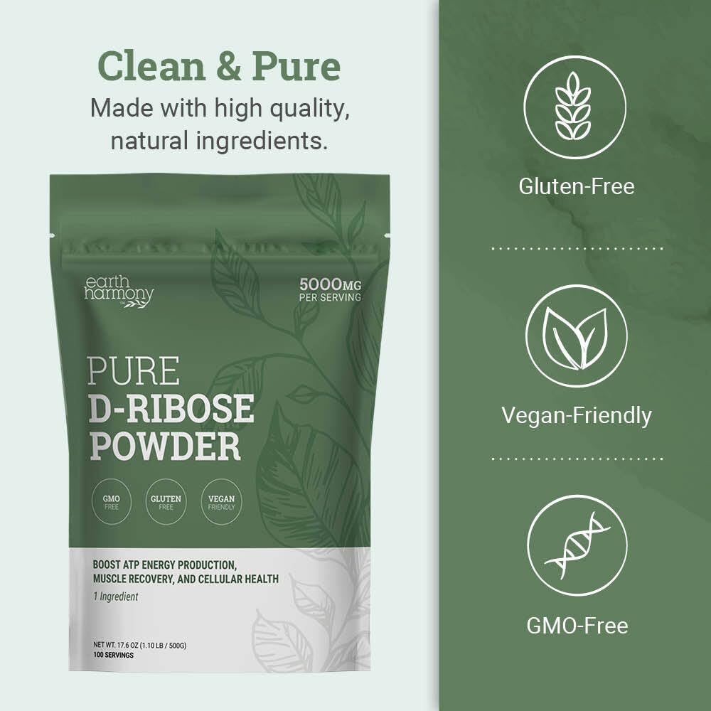 D-Ribose Powder 5000 mg (5 g) Energy Support, Post-Workout Recovery & Heart Health Support, Clean Vegan, No GMO, Sugar, Gluten or Additives, 17.6 oz (499 g)