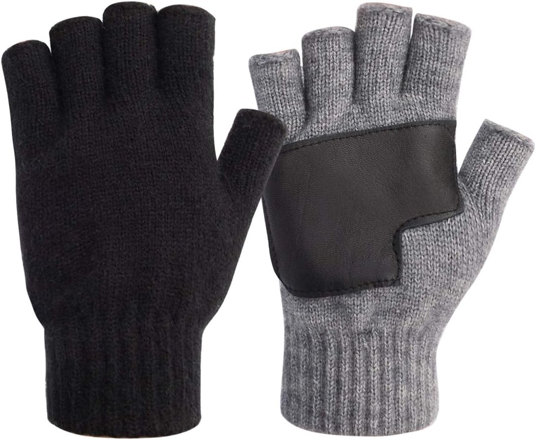 Warm Knit Fingerless Gloves for Men with Leather Grip - 2 Sets 1 Black & 1 Grey